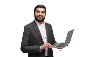 Confidence radiates as a professional man in a suit engages with his laptop in a clean, modern setting