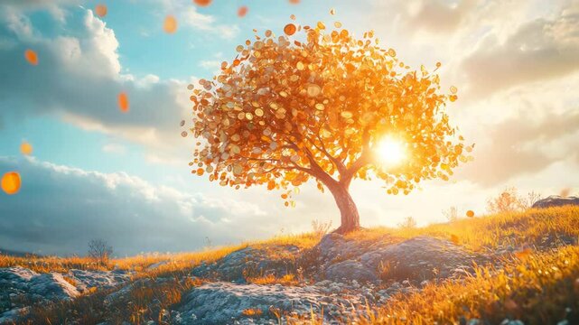 Enchanted tree shedding leaves while golden coins cascade down in a whimsical nature scene