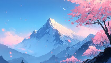 Obraz premium Majestic snow-capped mountain with cherry blossoms in bloom under a clear blue sky, petals drifting in the spring breeze.