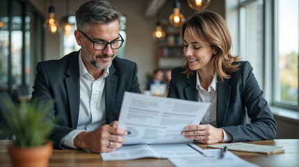 Fototapeta premium Two happy busy middle aged professionals man and woman business leaders partners checking document reading financial report talking working