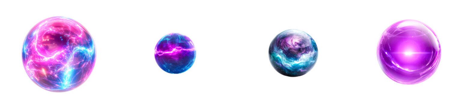 Four glowing magical orbs of power, isolated, cut out transparent