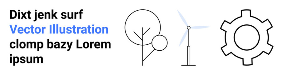 Minimalist wind turbine, tree, and gear representing renewable energy, nature conservation, and technology. Ideal for sustainability, energy, development, ecology clean tech green innovation