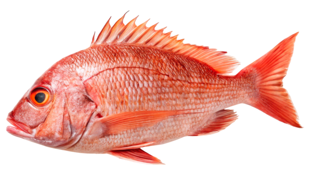 Close-up of vibrant red snapper fish isolated on transparent background, detailed scales and eye, fresh seafood concept, marine life, cooking ingredient, tropical ocean animal.