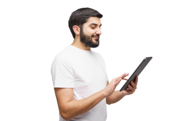 Engaging with technology, a man interacts with a tablet while immersed in a digital world