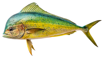 Naklejka premium Close-up of fresh mahi-mahi fish isolated on transparent background, detailed vibrant scales and fins, seafood ingredient for restaurant menu design, tropical ocean fish, culinary concept.