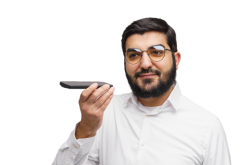 Confident man in white shirt engaged in a conversation using a smartphone at home in the afternoon