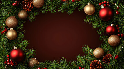 Festive Christmas frame with pine branches, ornaments, and pine cones creating warm atmosphere