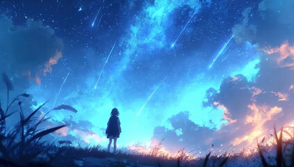 Fototapeta premium A person stands in a field gazing at a stunning night sky filled with stars, shooting stars, and glowing clouds.