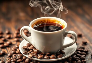 Obraz premium Steaming espresso in a coffee cup with scattered coffee beans, promoting a special drinks menu, promotion, caffeine