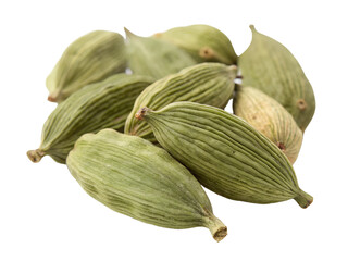 Close-up of Fresh Green Cardamom Pods Isolated on transparent background, Isolated Png file, Cut-out, Isolate Png, No Background, Isolated object

