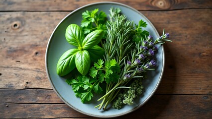 Fresh Herbs On A Plate Top-Down