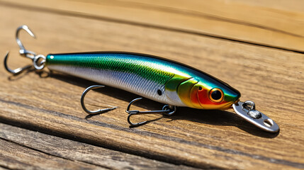 A close-up of a shiny fishing lure placed on a wooden surface, showcasing the details and hooks.