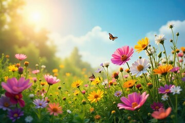 Fototapeta premium A sun-drenched mound of wildflowers bursting with vibrant summer blooms, attracting butterflies and bees Perfect for nature, summer, and floral themes , botany, countryside, vegetation