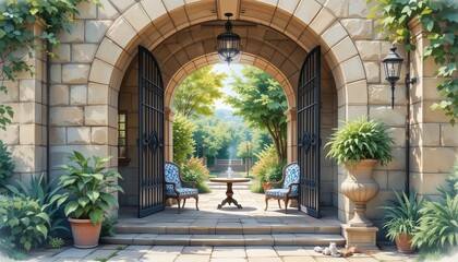 Fototapeta premium Charming Mediterranean courtyard with wrought iron gate, elegant chairs, and lush garden plants in terracotta pots. Serene outdoor setting ideal for relaxation, romance, or luxury lifestyle themes.