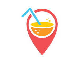 A refreshing, modern logo icon featuring a vibrant drink within a map pin. Perfect for travel, food apps, or summer promotions. Bright colors convey energy and fun.
