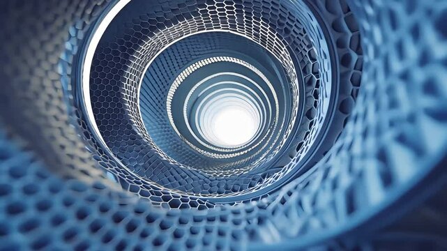 Spiral staircase viewed from below with intricate metal railing design and repeating geometric patterns leading up to a bright circular skylight


