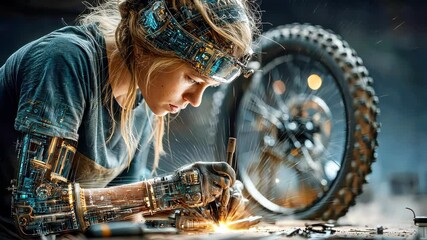 Focused female mechanic with cybernetic arms repairing a bicycle wheel, surrounded by sparks in a futuristic workshop - Powered by Adobe