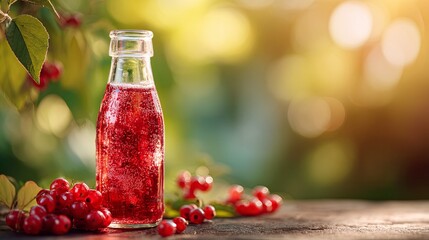 Refreshing Lingonberry Soda in Clear Bottle with Berries and Leaves