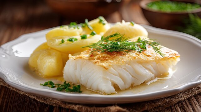 Traditional Lutefisk Dish with Cod and Potatoes on White Plate