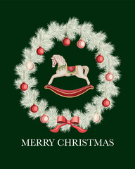 Rocking horse in the wreath composition. Christmas greeting card.	
