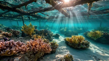 Sunlit underwater coral reef beneath rustic pier with vibrant marine life