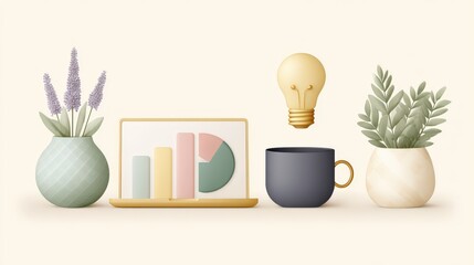 Professional 3D minimal flat business icon collection including light bulb, pie chart, and laptop