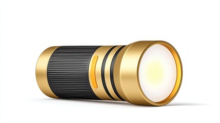 Simple 3D flashlight with rounded edges, bright lens detail, professional isolated on white