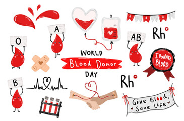 Cute set happy international world blood donor day type transfusion volunteer charity save life doodle kids crayon watercolor illustration clipart sticker design