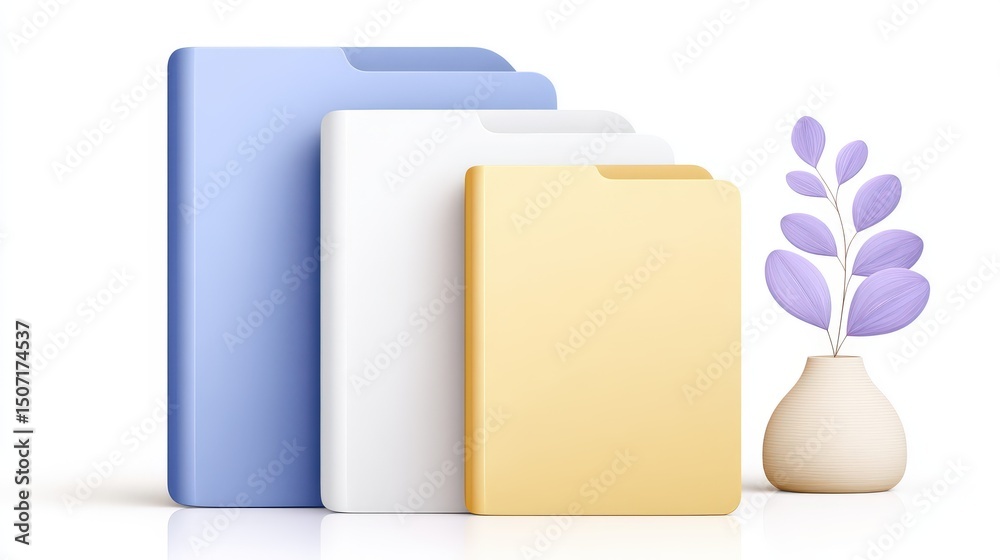 Fototapete stacked 3d page icons - three minimalist 3d document pages in white, blue and yellow with slight off