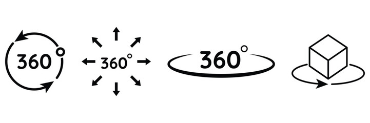 360 degree rotation view icon vector illustration set for user interface virtual tour panorama VR motion spin navigation design.
