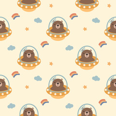 Bear in ufo yellow cartoon so cute. On rainbow star cloud background. Pattern seamless vector illustration. 