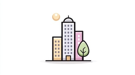 Thin line 3D building icon in minimal form, cleanly isolated on white with stock-level sharpness