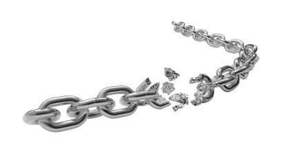 Breaking Free: A metallic chain lies fragmented, its links shattered, symbolizing liberation and breaking through adversity.