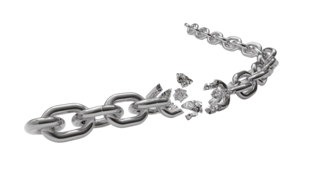 Breaking Free: A metallic chain lies fragmented, its links shattered, symbolizing liberation and breaking through adversity.