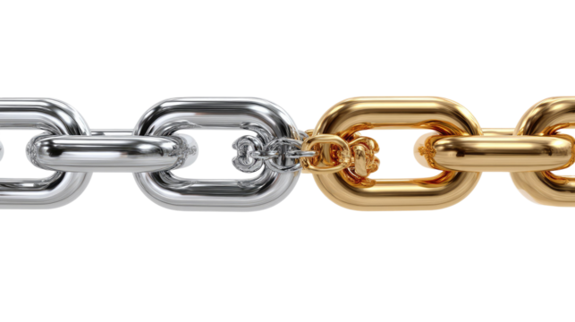 Golden Connection: A striking macro shot showcases the seamless union of gold and silver links, symbolizing connection, strength, and unity with a sleek, modern appeal.