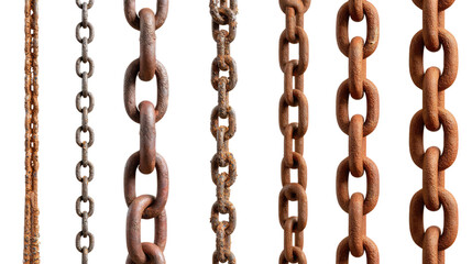 Rust Chains: A striking close-up showcases several rusty chains, each link bearing the marks of time and enduring strength, representing durability and industrial aesthetic.