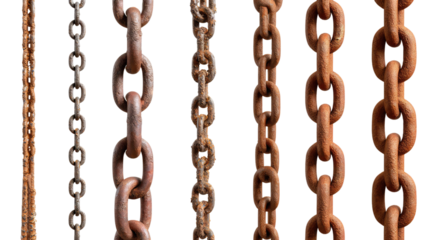 Rust Chains: A striking close-up showcases several rusty chains, each link bearing the marks of time and enduring strength, representing durability and industrial aesthetic.