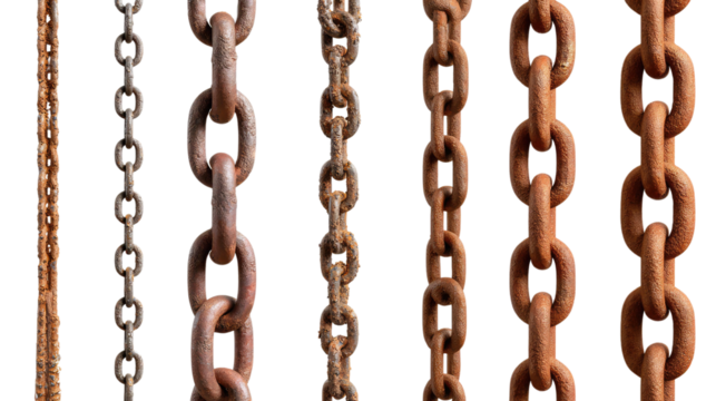 Rust Chains: A striking close-up showcases several rusty chains, each link bearing the marks of time and enduring strength, representing durability and industrial aesthetic.