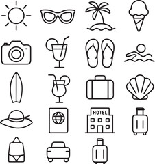 Summer set of web icons in line style. Summer vacation icons for web and mobile app. Travel, beach, tourism, summer holidays, hotel, relax, beach, luggage, passport, sunglasses. Vector illustration wi
