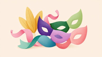 Thin outline party symbols in 3D minimal look, including streamers and masks, floating on white