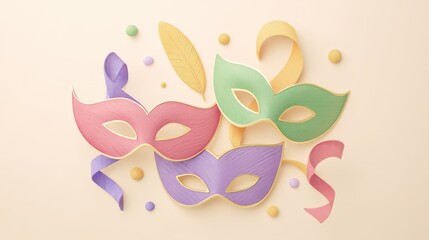 Thin outline party symbols in 3D minimal look, including streamers and masks, floating on white