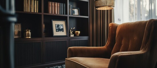 Dark wood bookcase, rich brown armchair, and warm lighting in a sophisticated reading nook