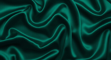 Luxurious dark green silk with graceful folds, set against a teal abstract background, offering design copy space, Generative AI.