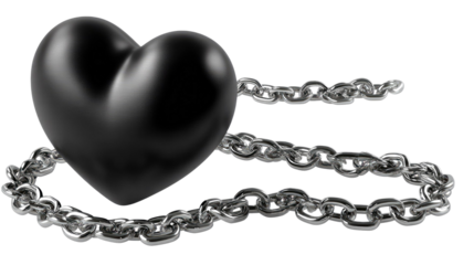 Heart's Enchainment: A dark heart, symbolizing deep emotion, bound by a metallic chain, embodies concepts of captivity, constraint, or restriction.