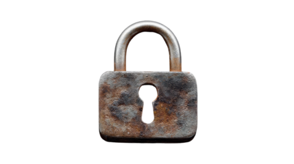 Rusty Padlock: Close-up of an old, rusty padlock against a white background, showing signs of age and wear, suggesting themes of security, protection, or time's passage.