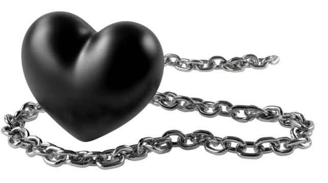 Heart's Enchainment: A dark heart, symbolizing deep emotion, bound by a metallic chain, embodies concepts of captivity, constraint, or restriction.
