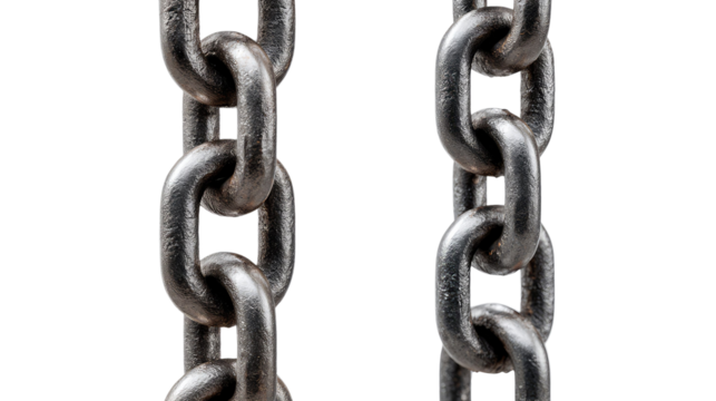 Steel Chain Links: Close-up of two parallel sturdy steel chains, showcasing the interlocking links and metallic texture. Perfect for concepts related to strength, connection, and security. 