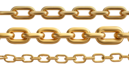 Golden Chains of Connectivity: High-angle shot of three shimmering, linked golden chains arranged in parallel, highlighting their robust metallic texture and the seamless interconnection.