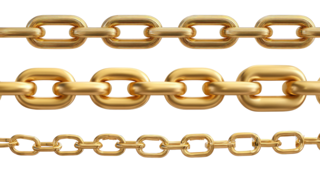 Golden Chains of Connectivity: High-angle shot of three shimmering, linked golden chains arranged in parallel, highlighting their robust metallic texture and the seamless interconnection.