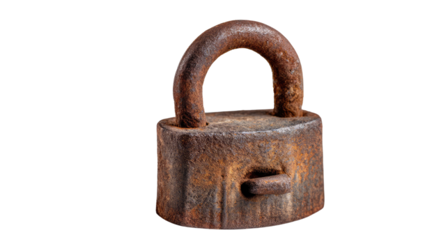 Rusty Padlock: A weathered, rusty padlock stands alone, its surface showing the effects of time and exposure to the elements.  The padlock's design hints at age and possible disuse.